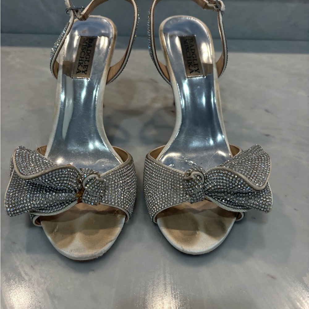 Badgley Mischka Silver Heels with Rhinestone Bow